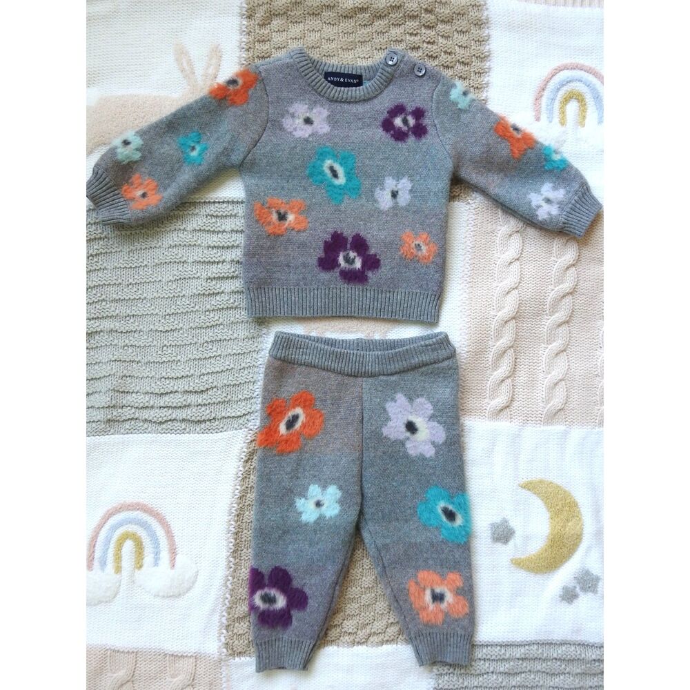 Andy & Evan Gray Floral Sweater Set 3-6M